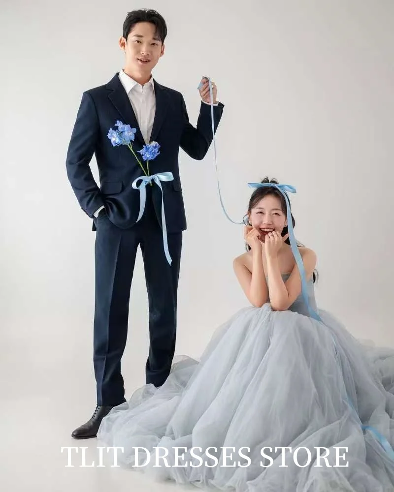 TLIT Elegant Dusty Blue Evening Dress Korea Wedding Dress Photo Shoot Strapless  Prom Gowns Customized Floor-Length Gowns