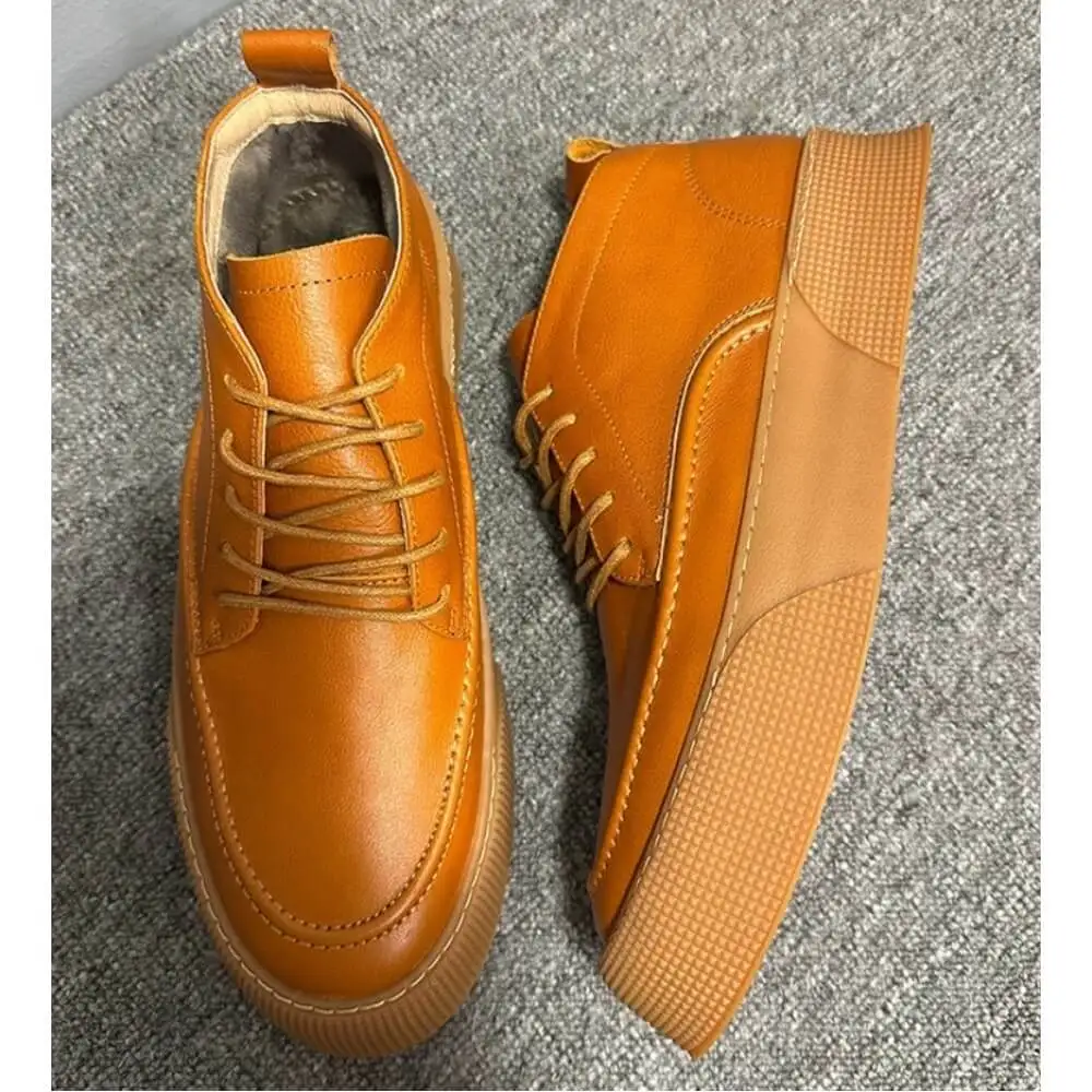 Caramel Brown Burnished Leather High-top Casual Shoes, with matching laces and textured sole