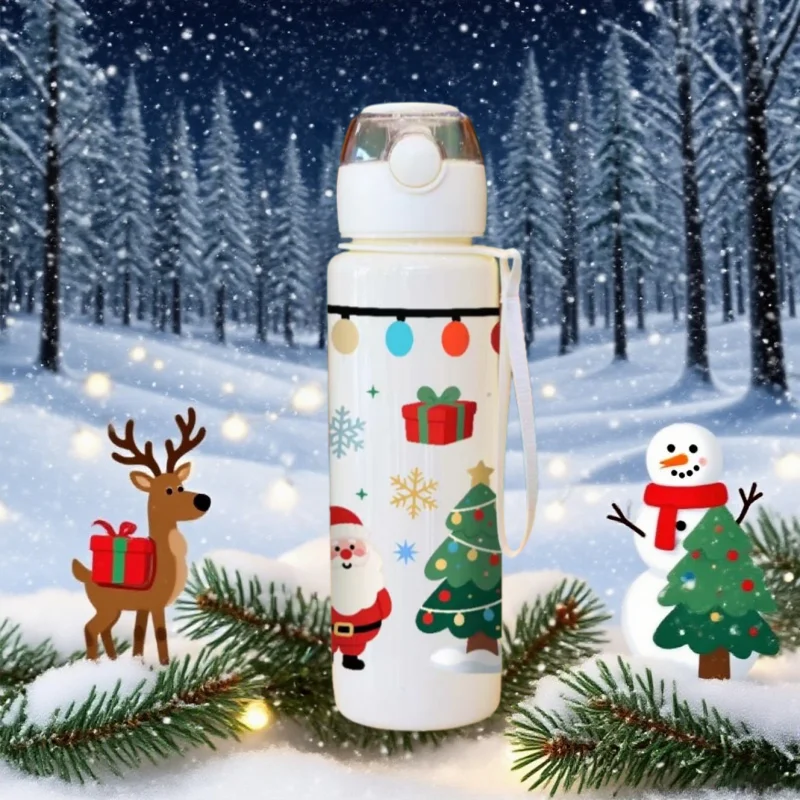 Botella de agua navideña con estampado 3D, bonito diseño de reno de Papá Noel, taza de agua de plástico de alta apariencia con dibujos animados de 700ML, a prueba de fugas