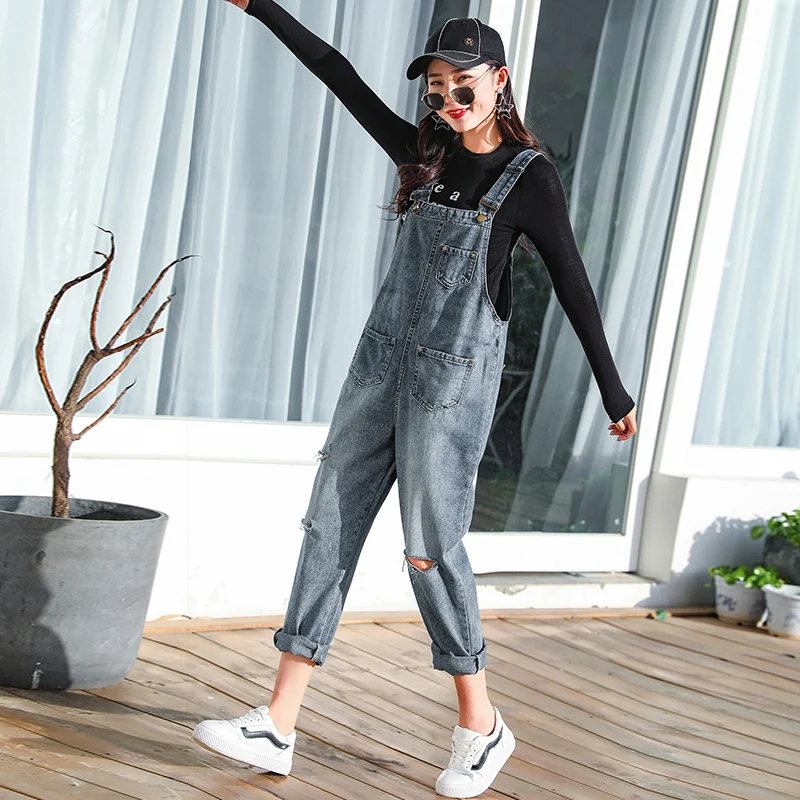 

Летние женские джинсовые комбинезоны свободного кроя 2025 года, модные брюки с высокой талией, длина до щиколотки, охлаждающий эффект, темный цвет, в корейском стиле