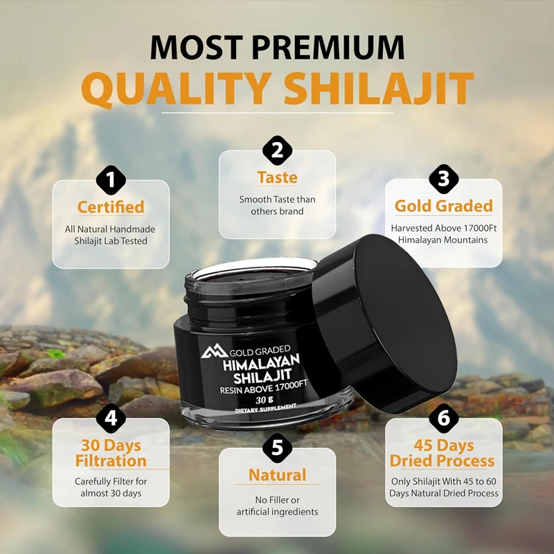 Pure Himalayan Shilajit resin,naturally dried and gold graded with85or more essential minerals,rich in humic acid and humic acid