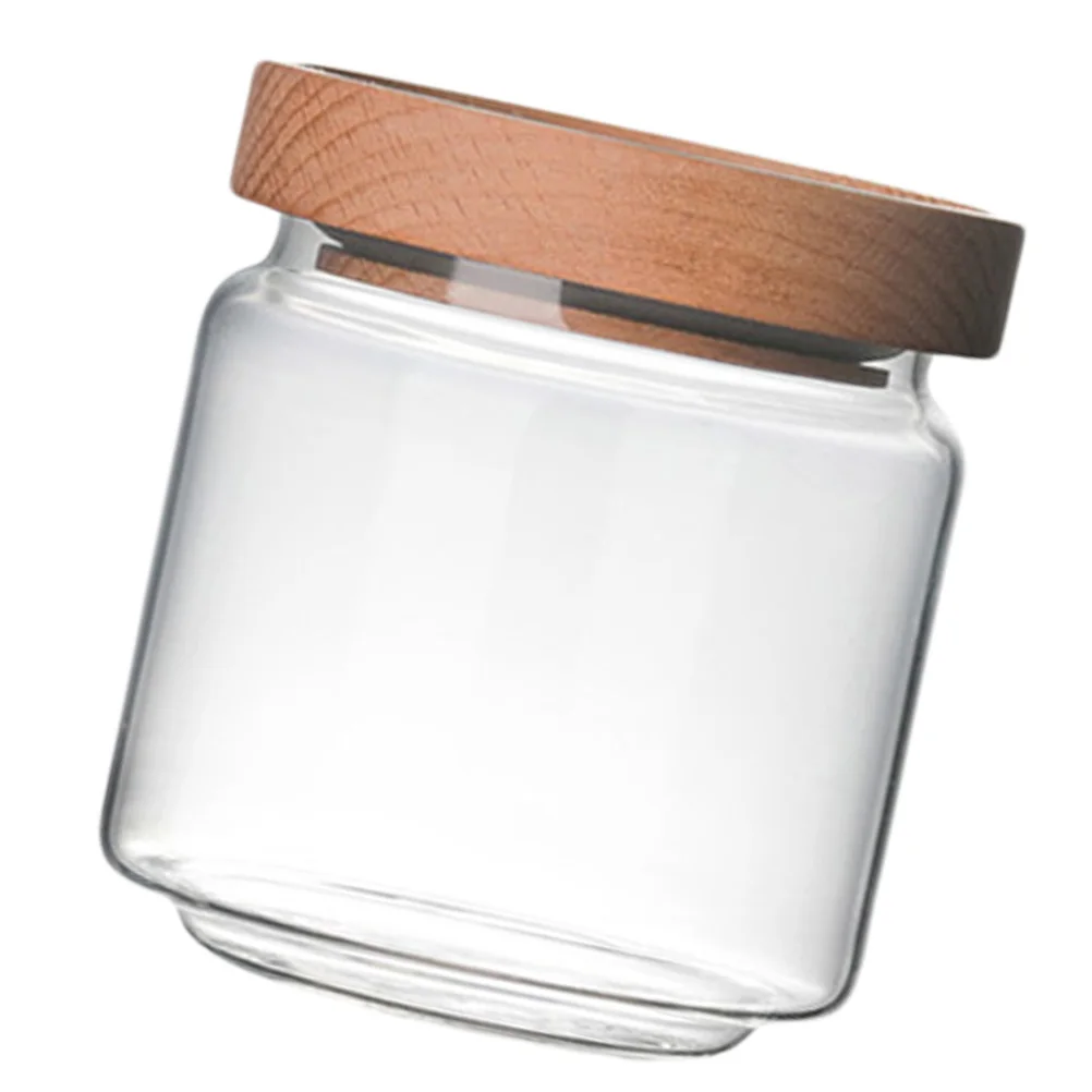 

1pc Beech Wood Lid Glass Food Storage Canisters Clear Tea Candy Container Kitchen Seasoning Jar Sealed Glass Jar