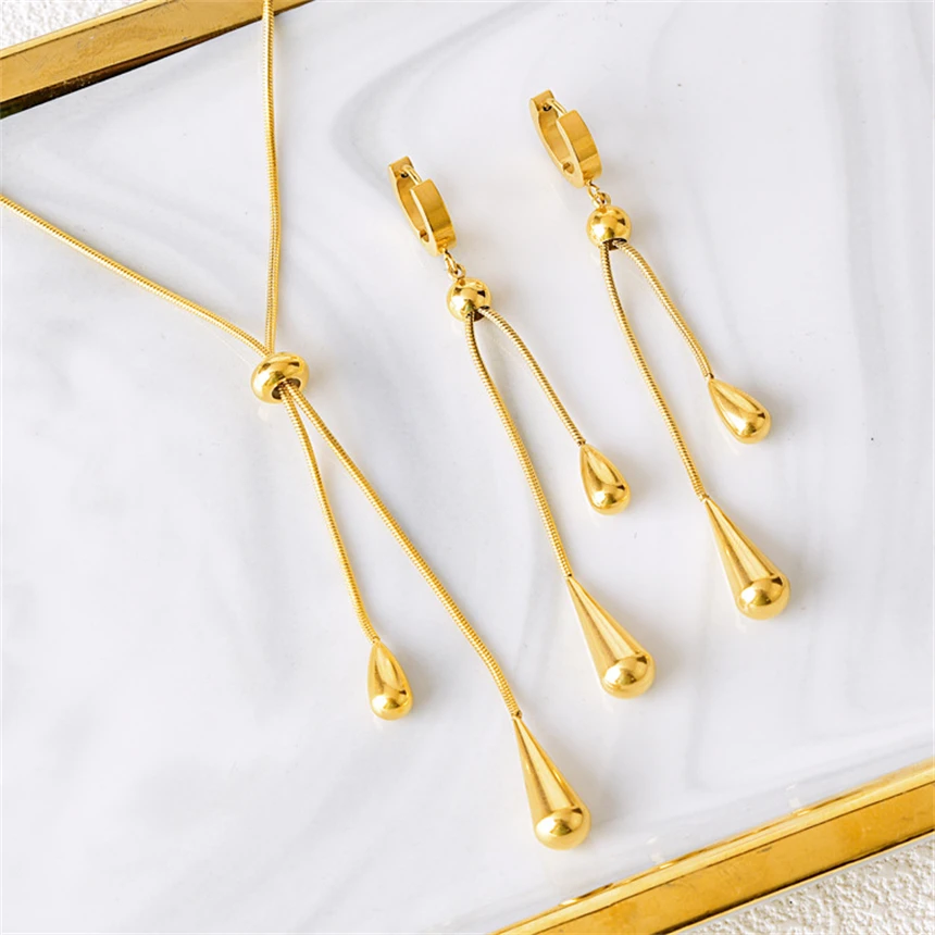 316L Stainless Steel Pulling Adjustment Droplet Shape Tassels Charms Chain Necklaces Earrings Fashion High Jewelry Party Gifts