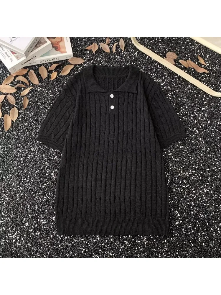 Vintage Style Knitted Shirt Men Short Sleeve Summer New American Retro Shirt Turn-Down Collar-Shirt High-End Feel