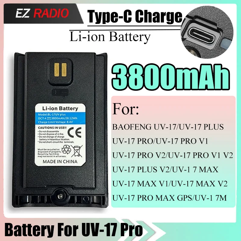 Baofeng UV-17L Battery 3800mAh Thicker Version BL-17UV Plus Battery USB C for Boafeng Walkie Talkie UV-17PRO UV-17 Pro Max Radio