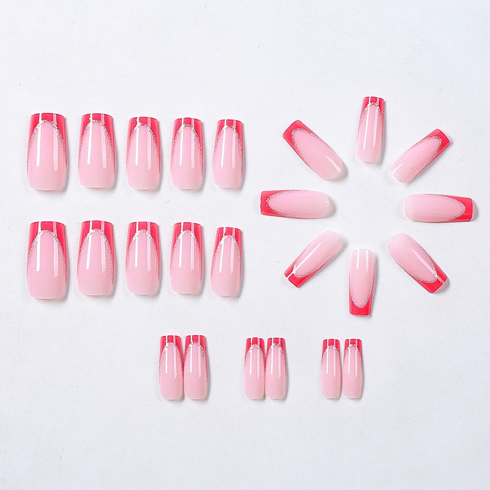 24 pezzi rosso francese lungo quadrato glitter unghie finte per le donne indossabili stampa sulle unghie acrilico copertura completa punte per unghie finte estensione