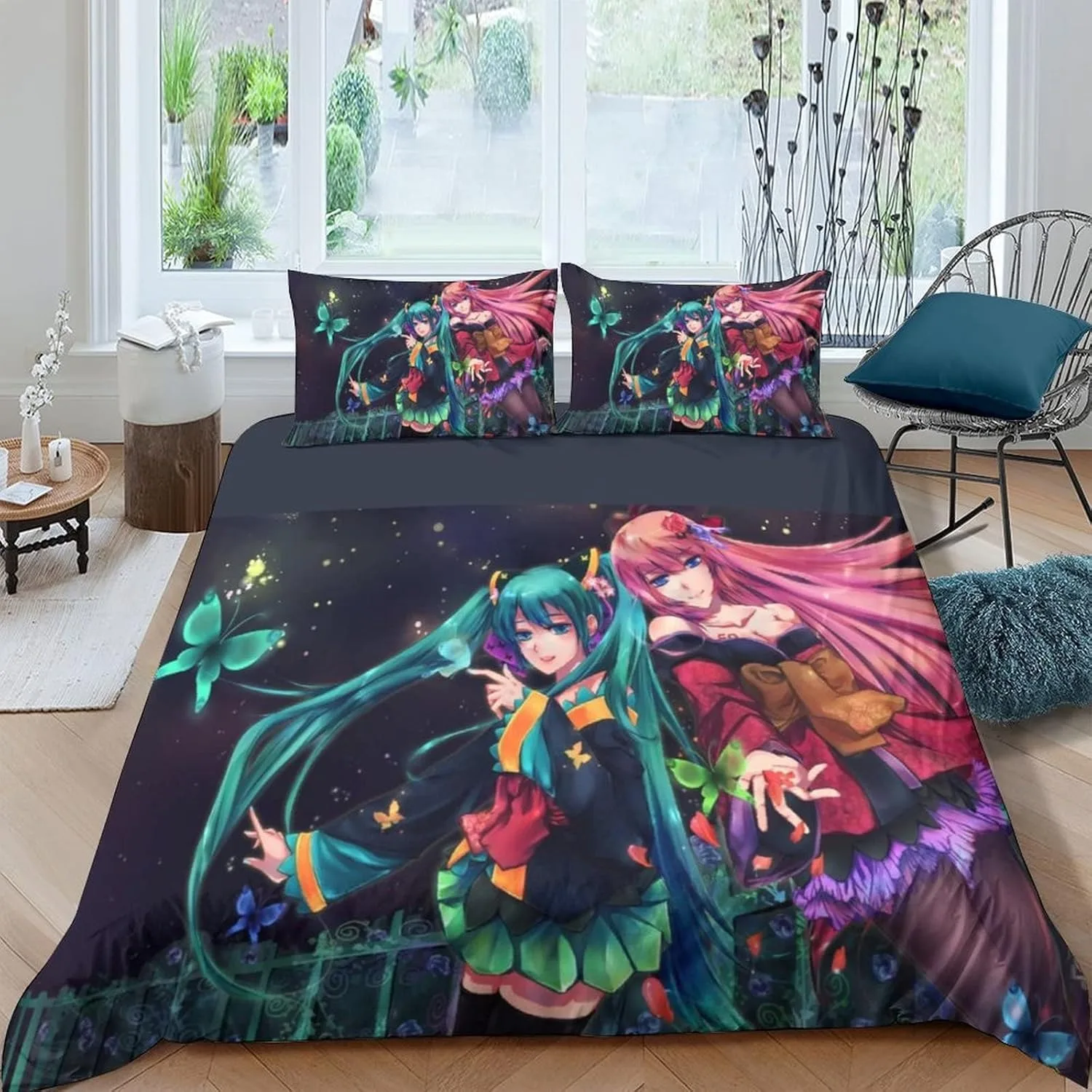 ホットカートゥーンカワイイバーチャルシンガーm-miku-h-ハツネ寝具セット、ベッド用品セット、掛け布団カバー、ベッド掛け布団セット、寝具セットギフト