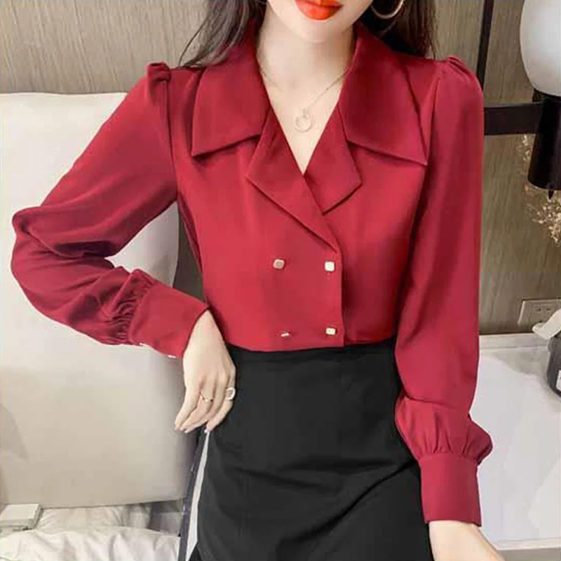 Red Vintage Double Breasted Casual Loose Shirt for Women Spring Autumn Fashion Korean Elegant Long Sleeve Office Lady Blouse Top