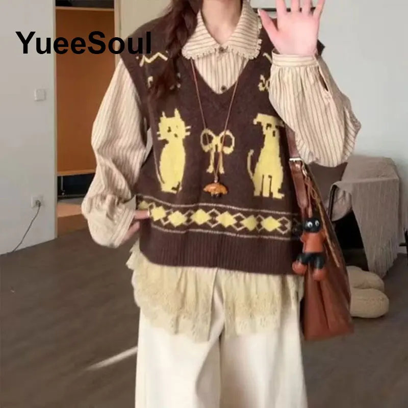 Japan Style Vintage Brown Women Knit Vest V Neck Sleeveless Loose Oversized Sweater Vest 2026 New Autumn Y2K Waistcoat Outerwear