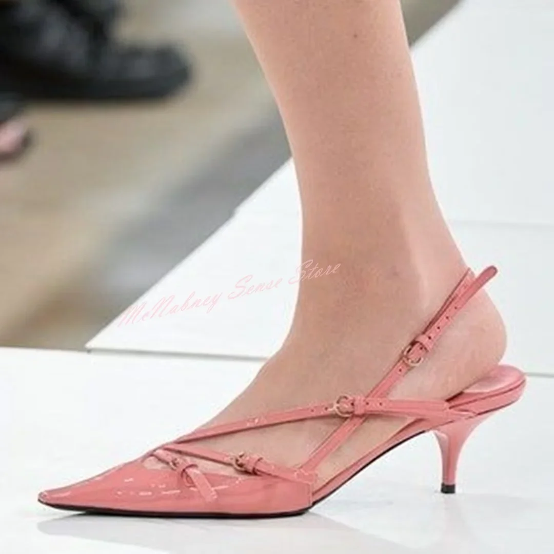 Strappy Buckles Sandals Pointy Toe Shiny Leather Stiletto Heels Women Sexy Shoes Summer Runway Sandals Solid Designer Party Shoe