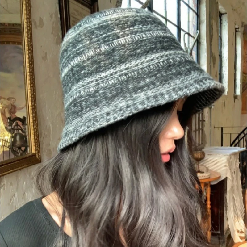 Japanese Version Stylish Knitted Simple Bucket Hat Women Autumn Winter Design Mixed Color Foldable Fashion Fishman Cap Female