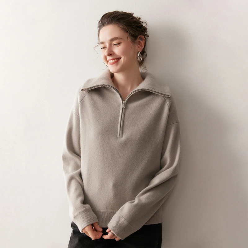 女性用100％カシミヤセーター、ジッパー付きニットセーター、タートルネック、厚手プルオーバー、プレッピースタイル、高級秋冬カシミヤトップス