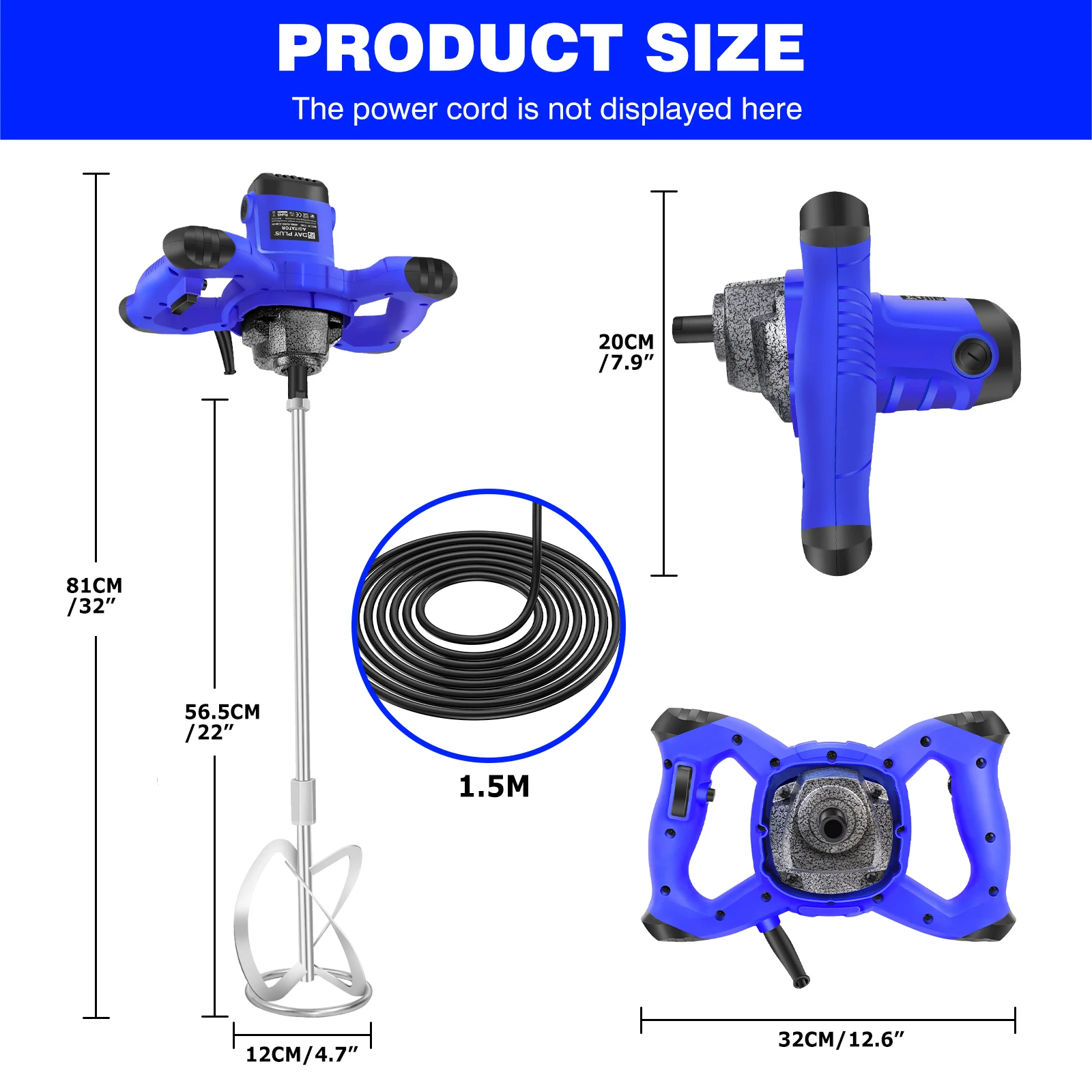 DayPlus 2600W Handheld Concrete Mixer Machine Paddle Mixer Adjustable 6 Speed Stirrer Electric Mix Stirring Tool M14 Mixing Rod