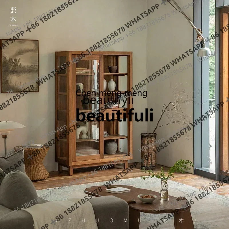 

X Q \ Nordic retro wine cabinet, antique bookcase, all solid wood glass storage cabinet