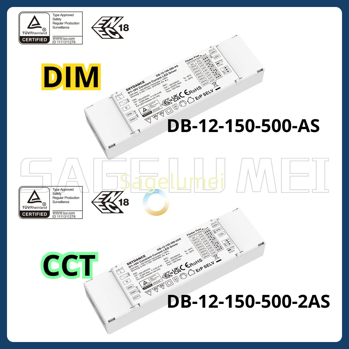 Skydance 12W 150-500mA 0/1-10V Dimmable /CCT LED Driver DB-12-150-500-AS/2AS 1/2CH AC220-240V for DIM/CCT Lamp/Downlight Light