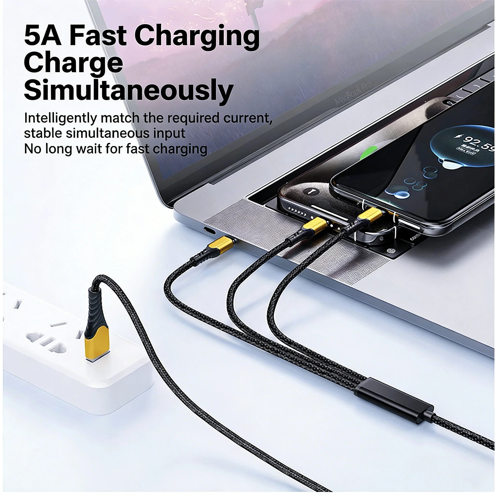 Picture 3: 100W 3 in 1 USB C Type c to 3 Type C Fast Charging Cable for iphone 17 16 15 Pro max Huawei Xiaomi Samsung
