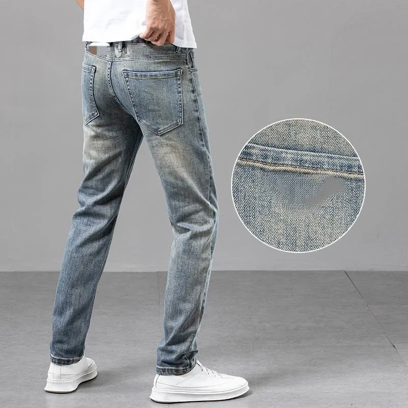 

New Blue Jeans Hot Selling Men's Distressed Washed Denim Jeans Slim Fit High-End Elastic Versatile Small Straight Leg Pants
