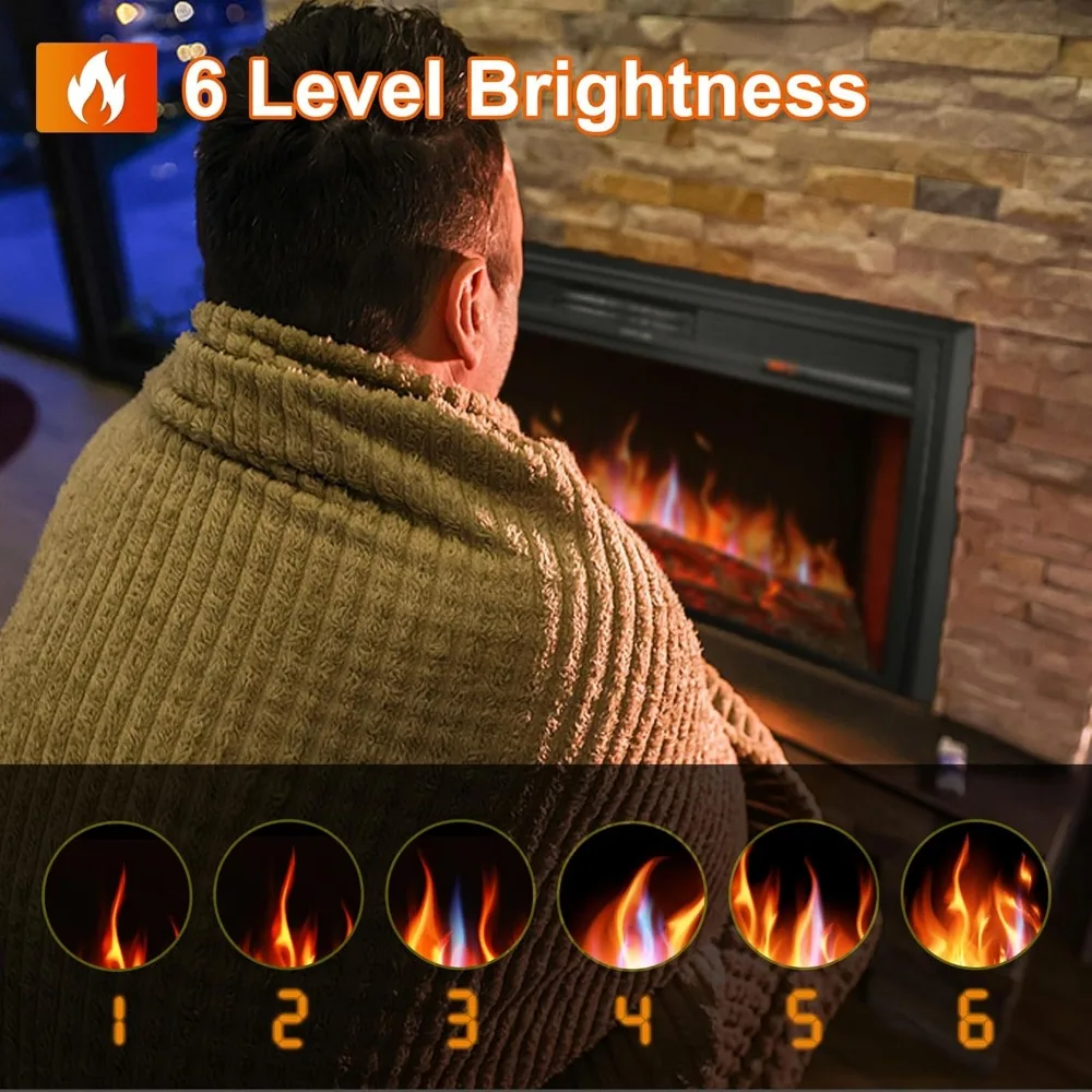 32 حشوة مدفأة كهربائية - سخان مدفأة كهربائية لغرفة المعيشة، جهاز تحكم عن بعد، 6 مجموعات سطوع