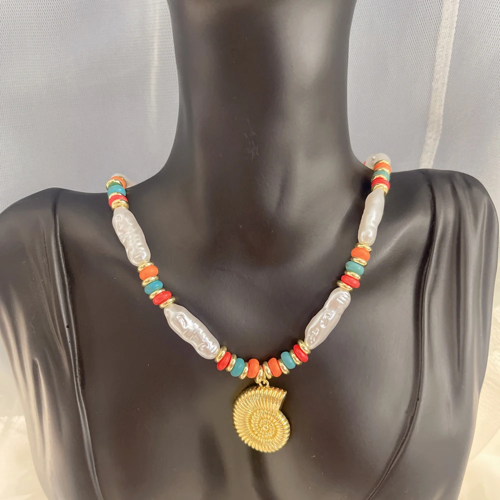 5 pcs/lot Trendy Conch Shell Pendant Bead Necklace Gold Plated Plastic Pearl Natural Stone Fashion Jewelry for Women Gift