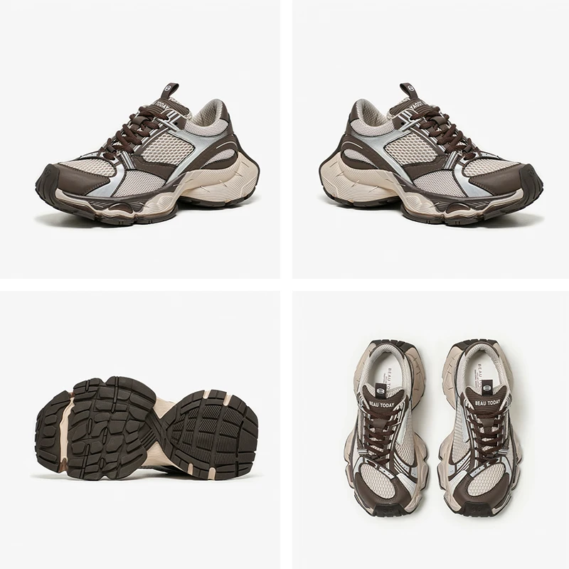 BEAUTODAY Chunky Sneakers Women Split Leather Mesh Round Toe Lace-up Thick Sole Basket Female Casual Shoes Handmade 29A40