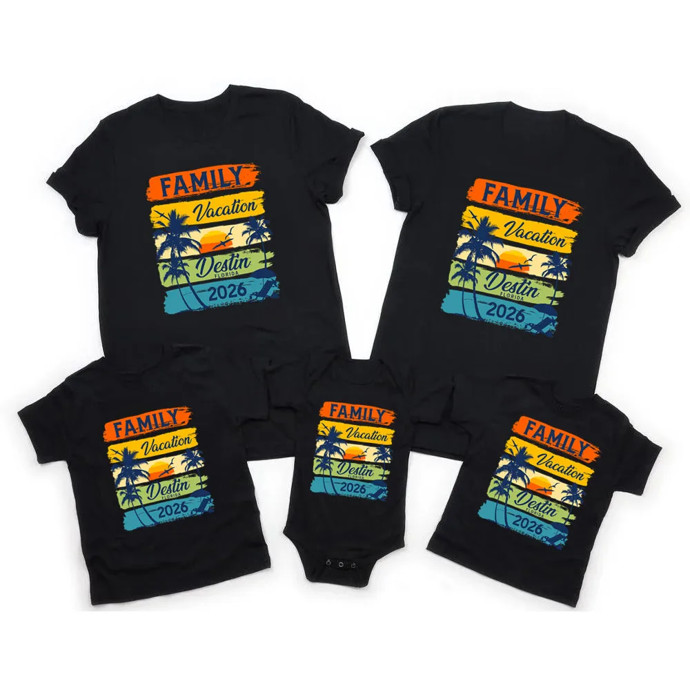 New Arrival Family Vacation 2026 Print Family Matching Outfits Black Short Sleeve Cotton Tshirt Father Mother Kids Clothes