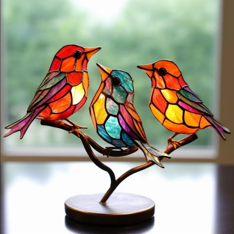 

Stained Glass Birds On Branch Desktop Ornaments Double Sided Multicolor Birds Alloy Ornaments Bird Series Acrylic Decorations