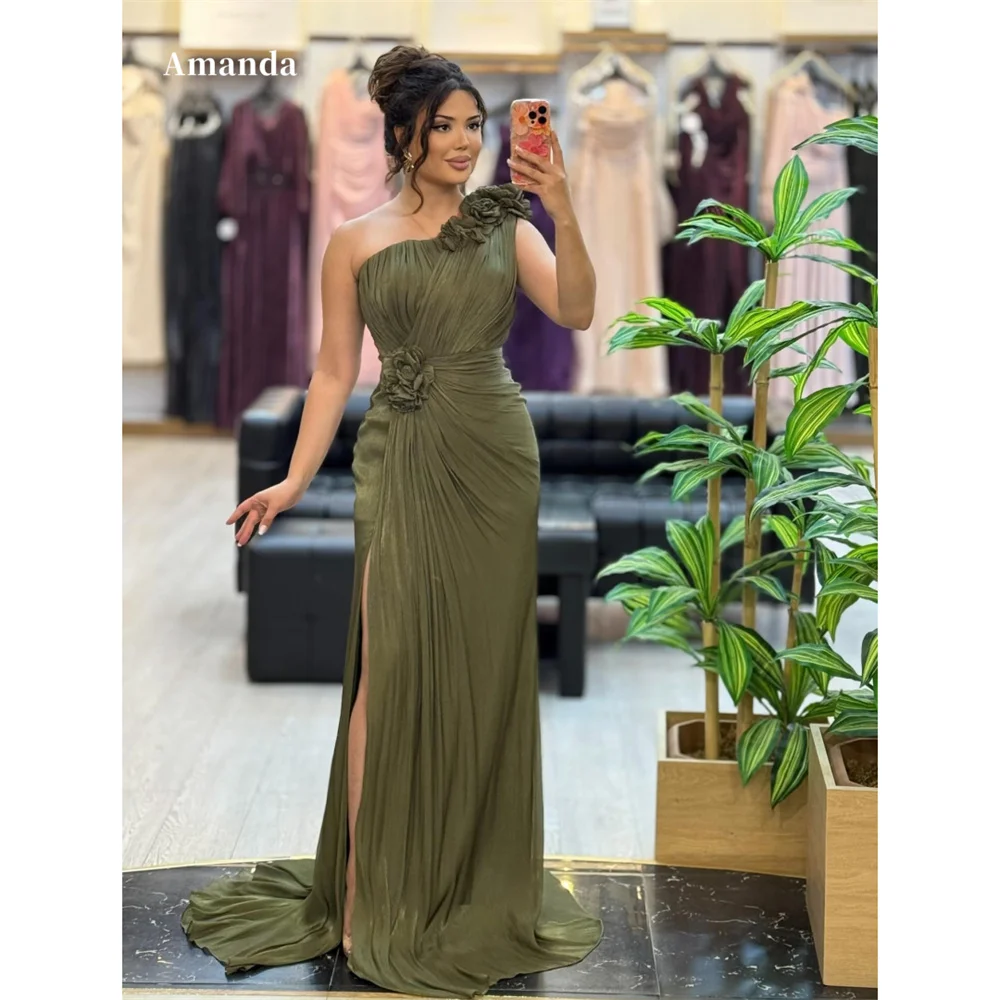 

Amanda Customized Green Sheath One Shoulder Prom Dress 3D Flowers Gorgeous vestidos de noche Floor-Length Formal Evening Dresses