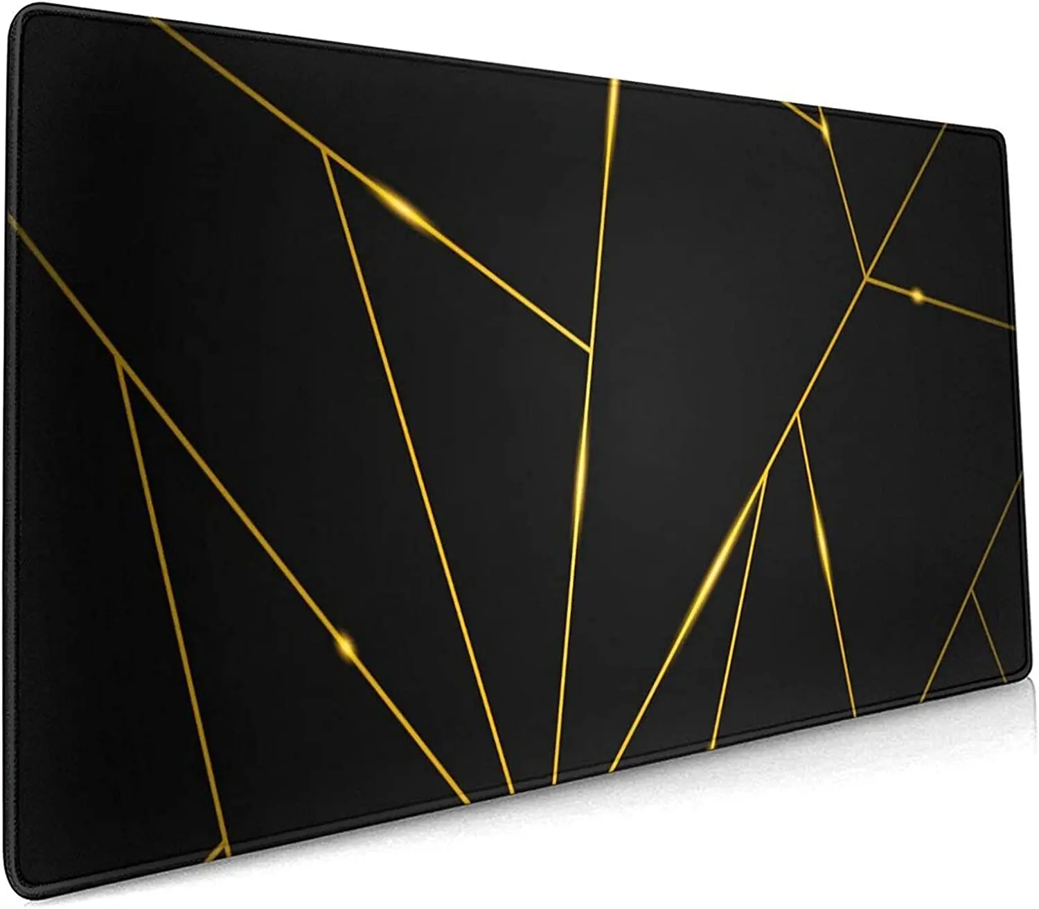 Gold Line Black Geometric with Stitched Edge Extended Waterproof Desk Pads Non-Slip Rubber Base Large Keyboard Mat 31.5×11.8 In