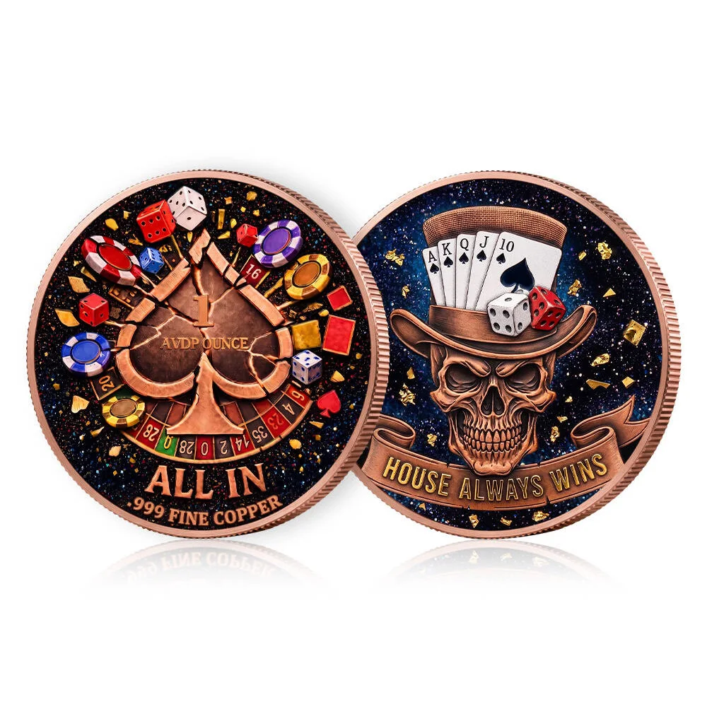 1 OZ .999 Fine Copper Casino Skull Coin ALL IN House Always Wins Poker Dice Chip Collectible Medal Gambling Souvenir Hobby Gift
