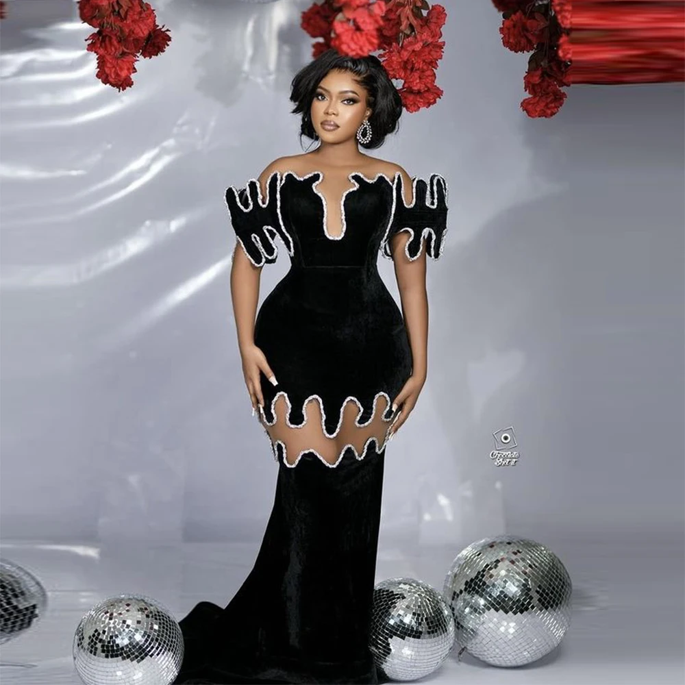 Black Off The Shoulder Mermaid Prom Dresses Aso Ebi Style Sexy See Through Plus Size Evening Gowns Women Formal Party Dress