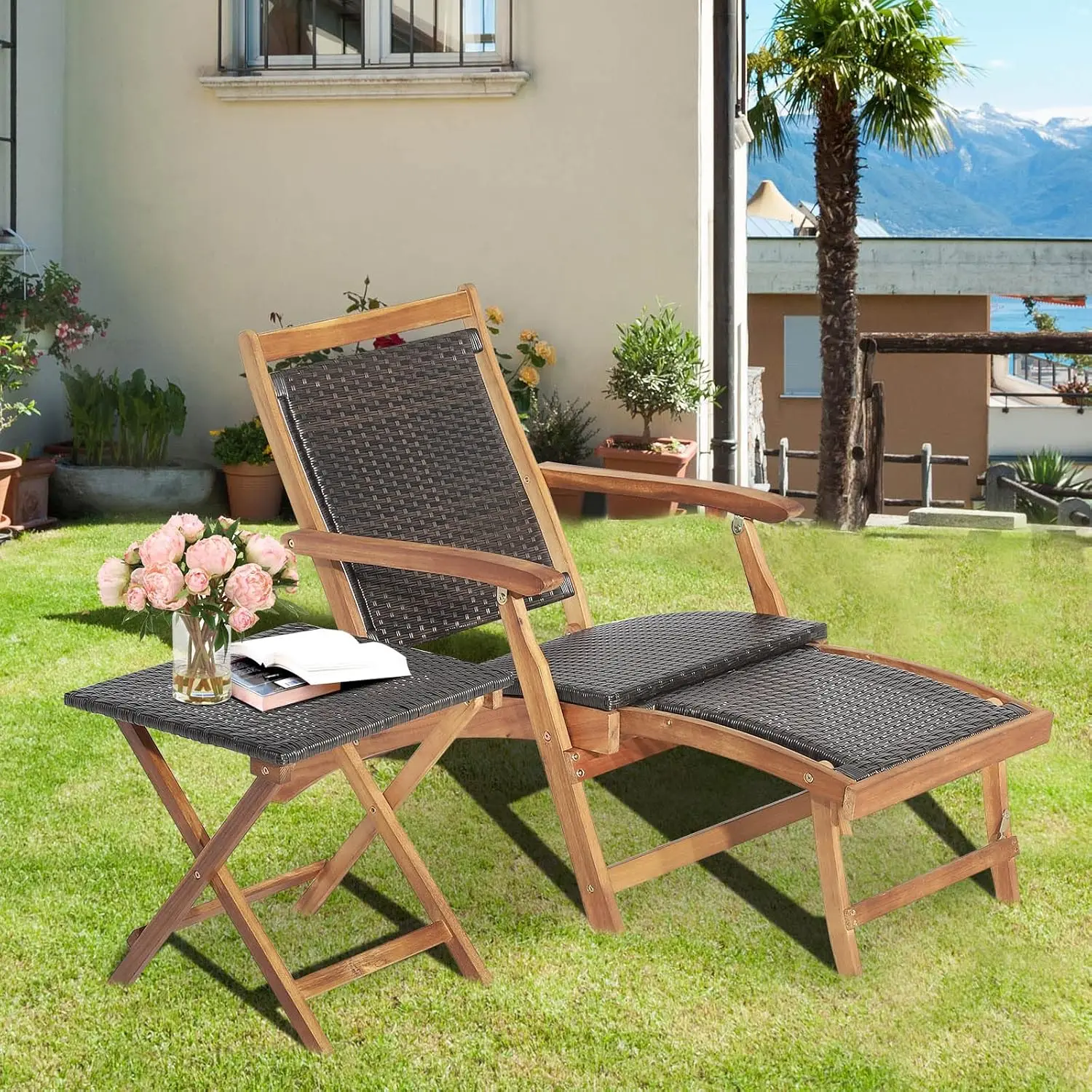 Foldable Outdoor Patio Lounge Chair And Side Table Set Acacia Wood Wicker Reclining Armrest Chair With Retractable Ottoman Chaise Lounger Furniture For Garden Backyard Poolside Balcony, Natural Brown