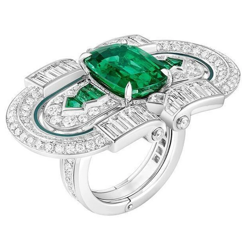 Anillos de cóctel dos en uno KQDANCE de lujo con diamante de alto carbono y esmeralda de laboratorio, con piedra verde, chapados en oro blanco, joyería para fiestas.
