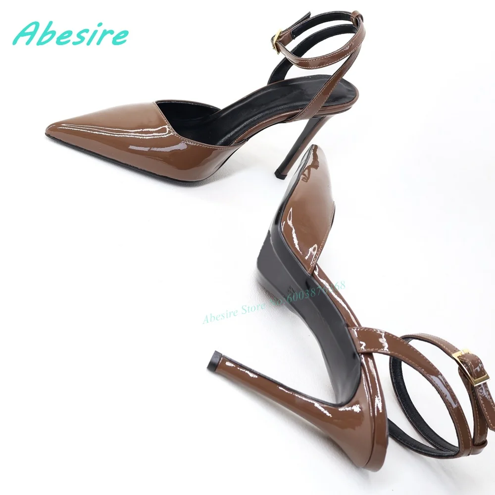 

Patent-Leather Patchwork Shallow Sandals Pointed Toe Thin Heels Ankle Buckle Shoes for Women Y2K Spicy Girls Party Fashion Shoes