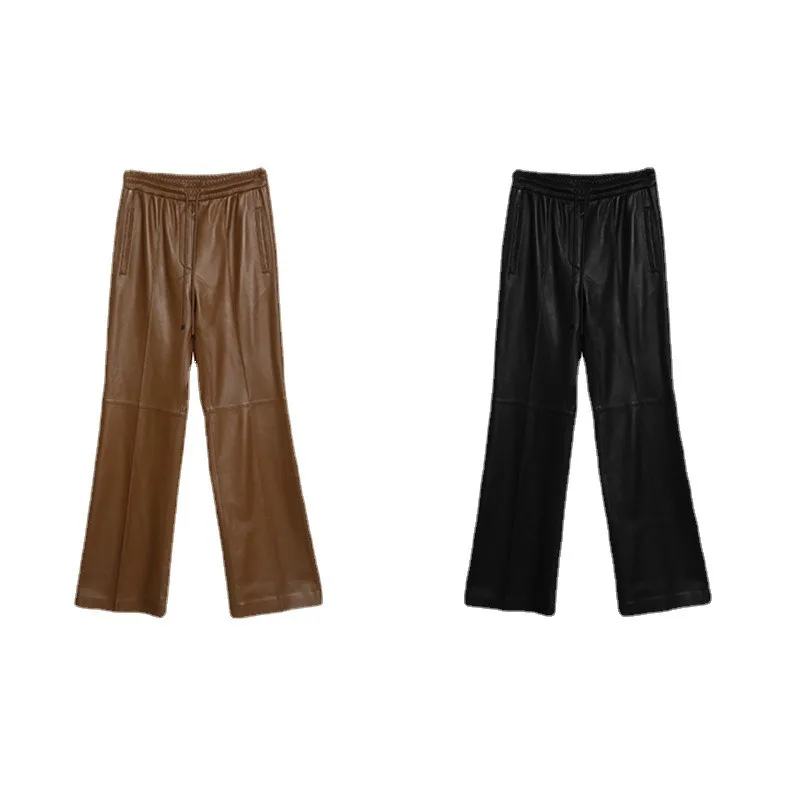 Tao Ting Li Na Genuine Leather Pants, Elastic Waist Drawstring Design, Slim Long Sheepskin Wide-leg Pants