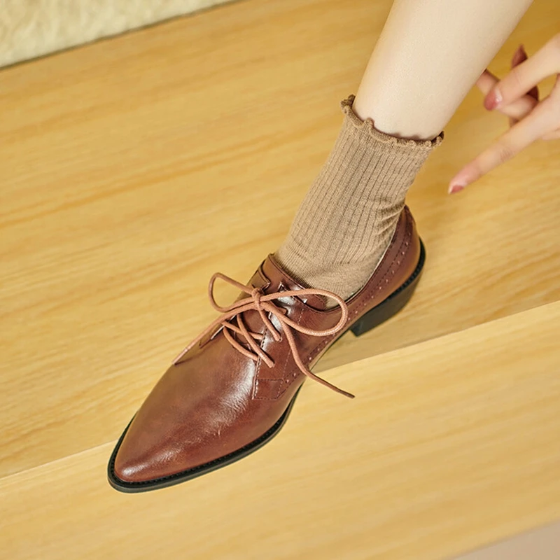 NEW Spring/Autumn Women Shoes Pointed Toe Chunky Heel Shoes Split Leather Shoes for Women Retro Lace up High Heel Women Pumps