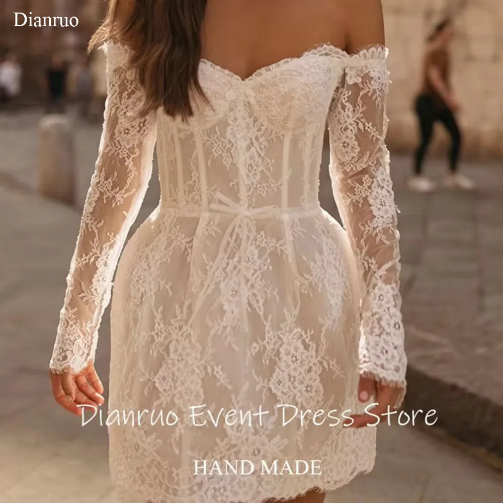 Dianruo Romantic Sweetheart Wedding Dress Above Knee Lace Vestido De Noiva Appliques Off Shoulder Bow Robes De Mariée Customized
