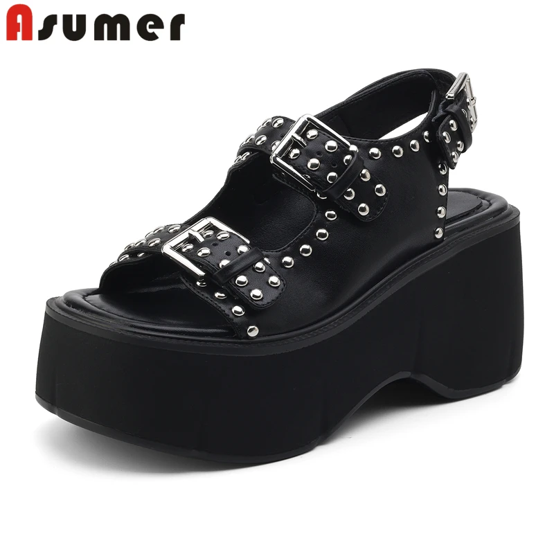 

MORAZORA 2024 New Genuine Leather Shoes Women Sandals Buckle Rivets Platform Sandals Black Ladies High Heels Summer Shoes