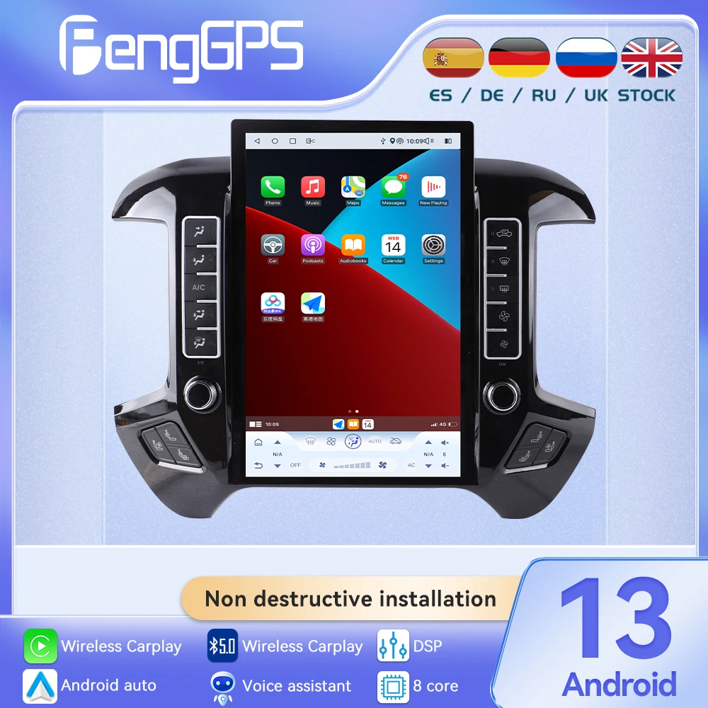 

14,5-дюймовый Android 13 для Chevrolet Silverado 2013-2019, сенсорный автомобильный экран, навигация, автомобильный радиоприемник Carplay, DSP BT, мультимедийный плеер, WIFI