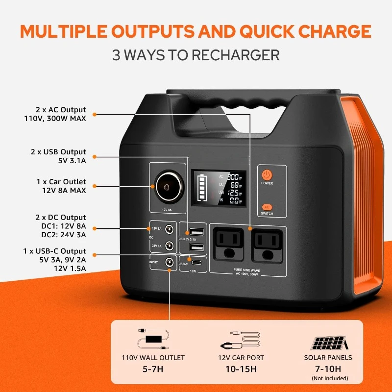 Portable Power Station, 300W 296Wh Battery Bank with 110V Pure Sine Wave AC Outlet for Outdoors Camping Hunting