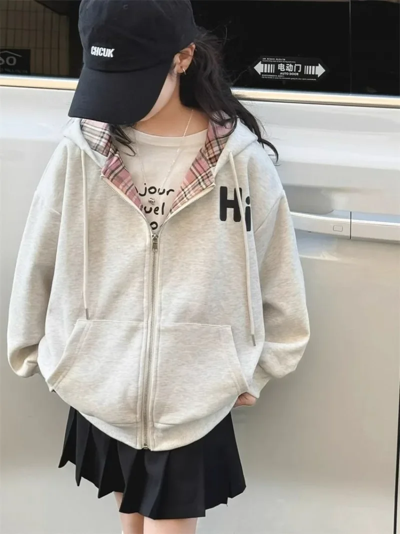 

Girls' 2025 New Spring & Summer Mid-Large Korean Checkered Hooded Sweatshirt Versatile Casual Top