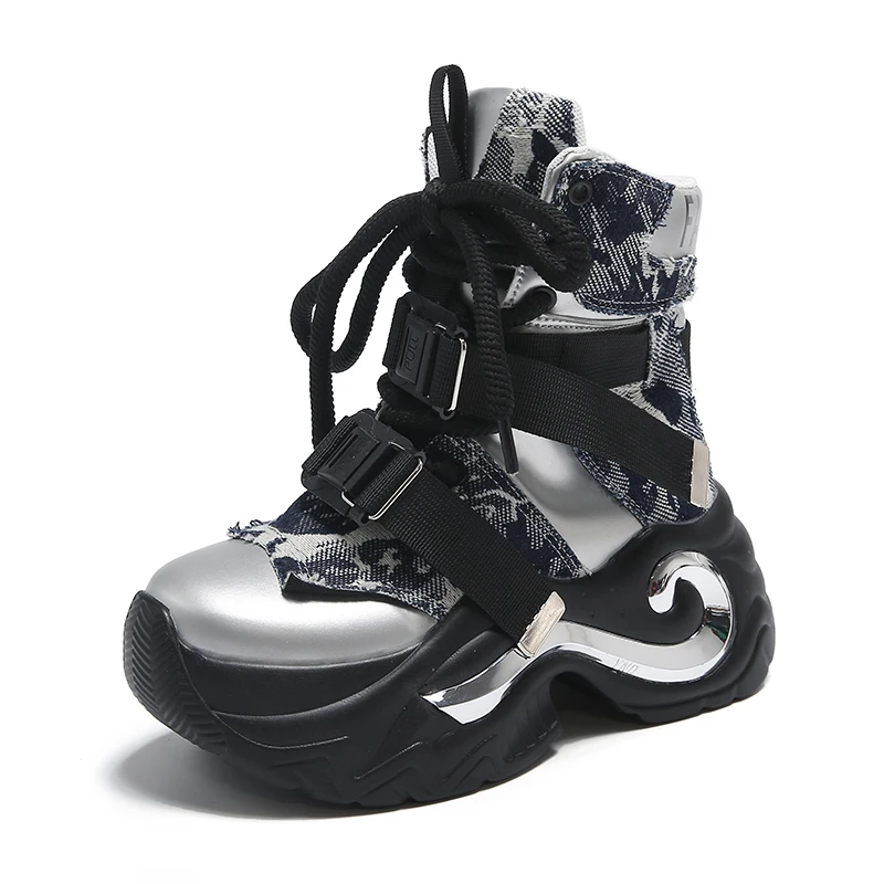 

8CM High Platform Leather Ankle Boots for Women Fad Thick Sole Wedges Motorcycles Boots Chunky Women's Casual Sneakers Zapatos