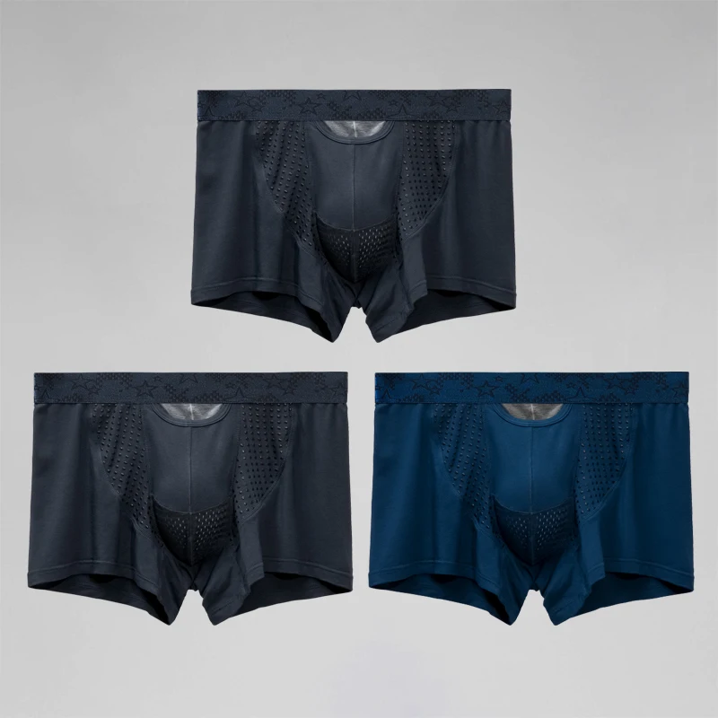 3 قطع ملابس داخلية منفصلة للرجال، سراويل سفلية من الوريد لدعم الصفن، سراويل رياضية ذات زاوية مسطحة منحنية من الحرير الجليدي