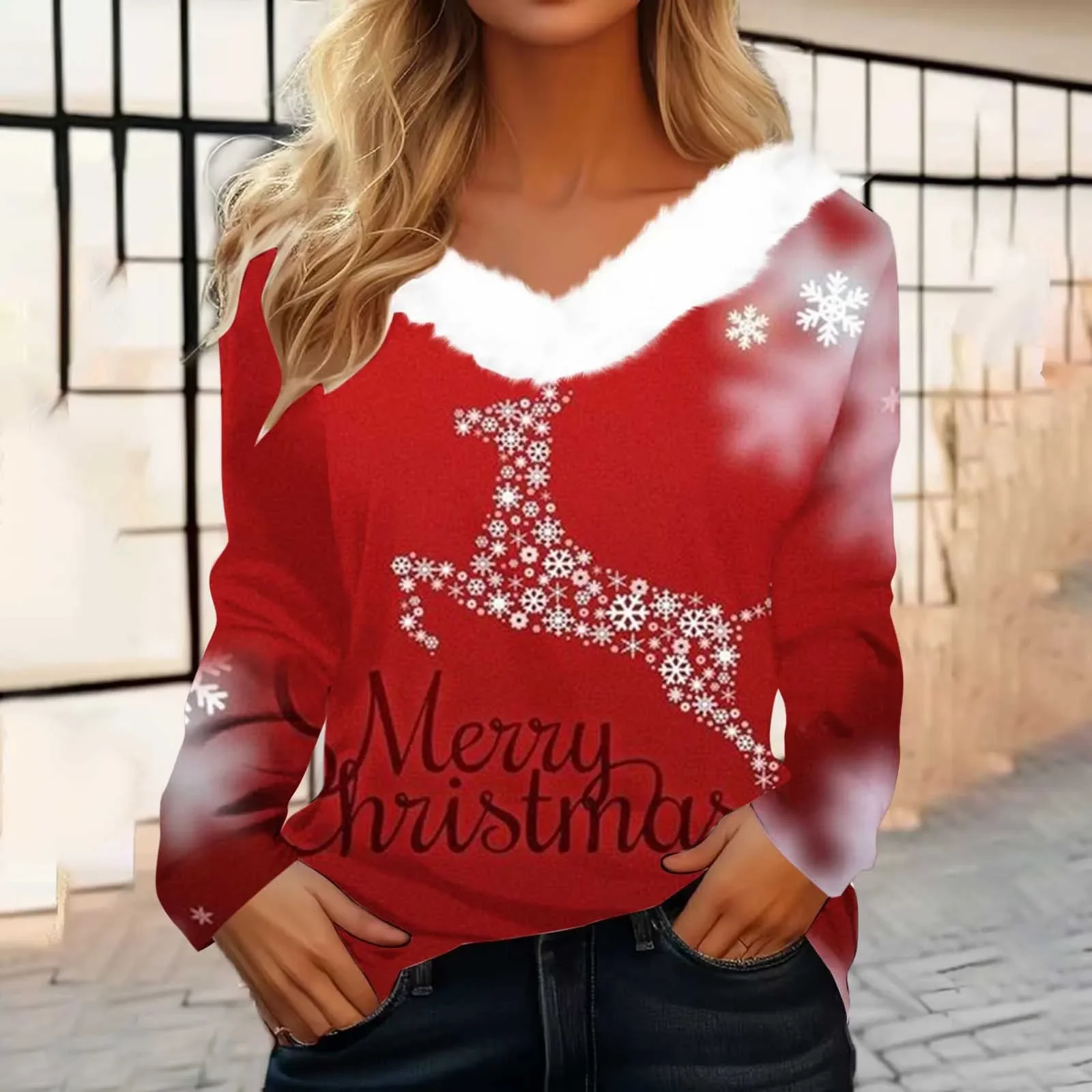 Pelz kragen Weihnachten Frauen lange Ärmel T-Shirt Cartoon Elch Druck Nachahmung Baumwolle T-Shirt Dame Sweatshirt Mode Pullover