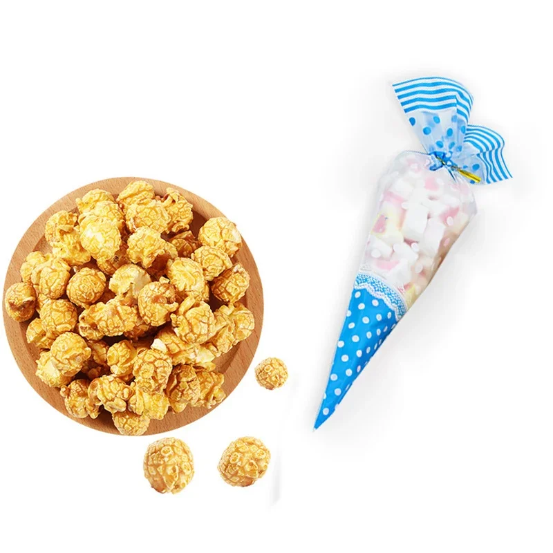 50pcs Blue Dots Cellophane Bags Clear Plastic Candy Gift Bag Triangular Cone-Shaped Treat Popcorn Sugar Bags With Twist Ties