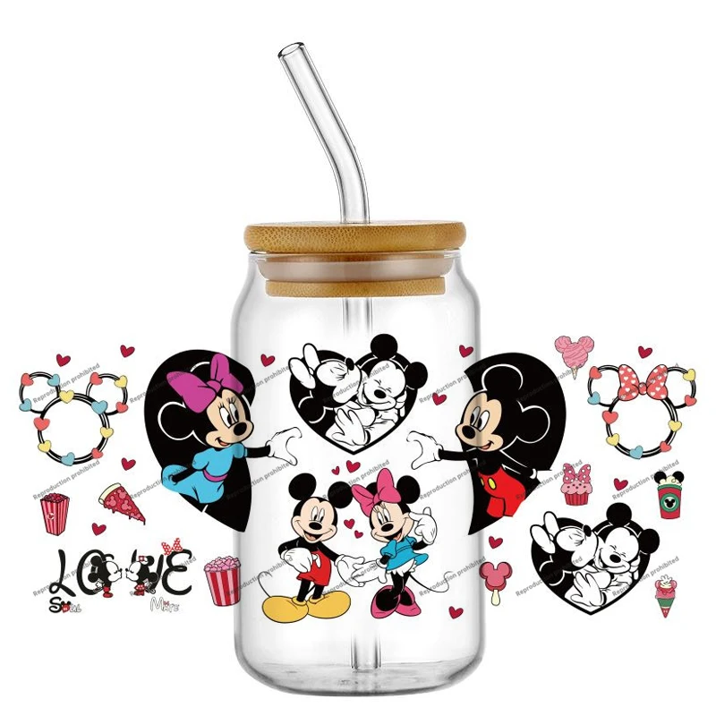 

Cute Mickey UV DTF Cup Wraps Car Stickers DIY Deca 16oz Libbey Glass Creative Cup Labels Couple Souvenir Gifts