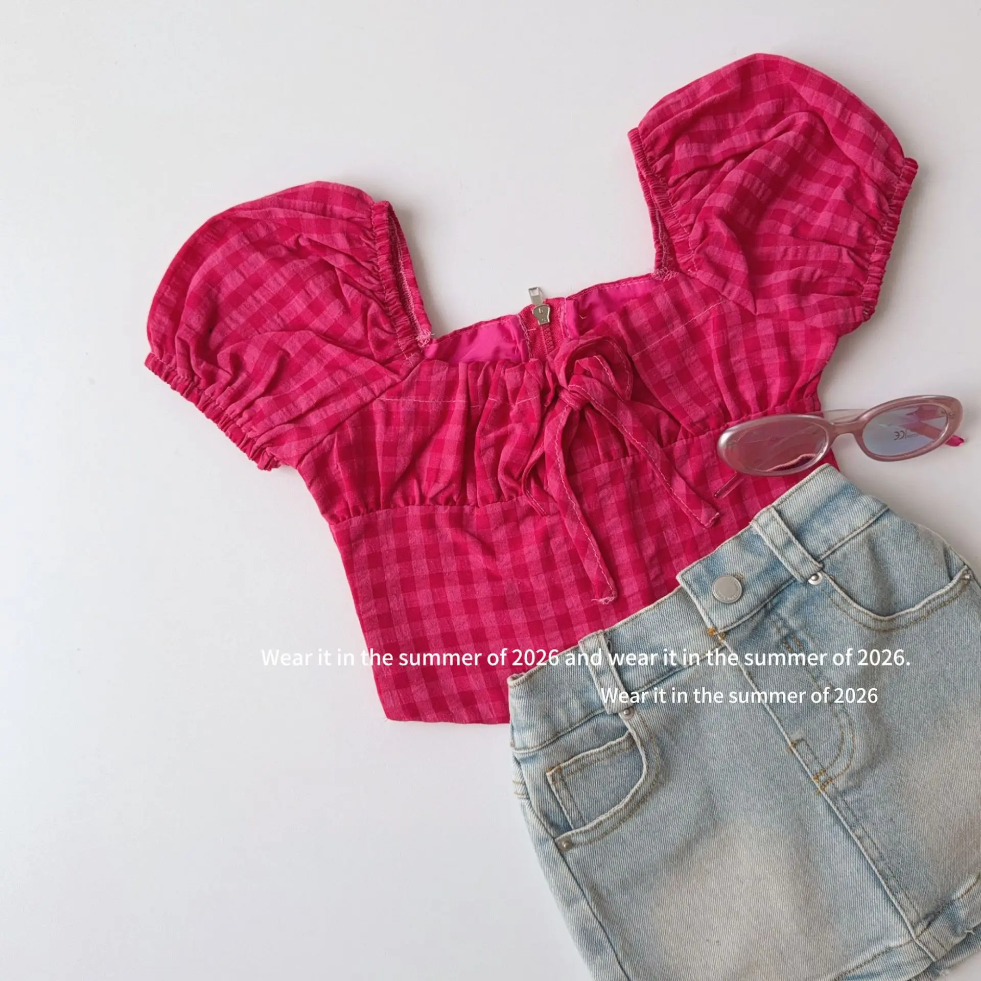 

2026 Summer Girls' New Korean Checkered Square Neck Short Sweet Top Fashion and All-match Kids Top Shirt