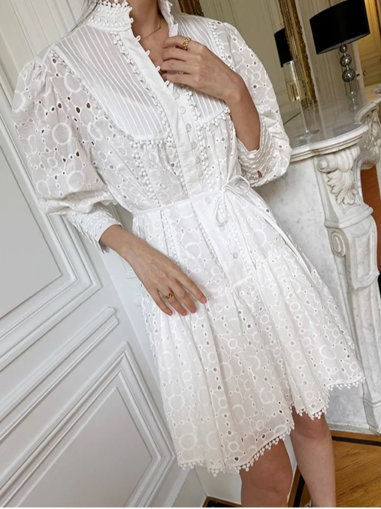 

Ele Heavy Embroidery Lace Dr Women's Early Autumn New Sle Court Sle Belted ort Skirt Commute Sle Regular Fit