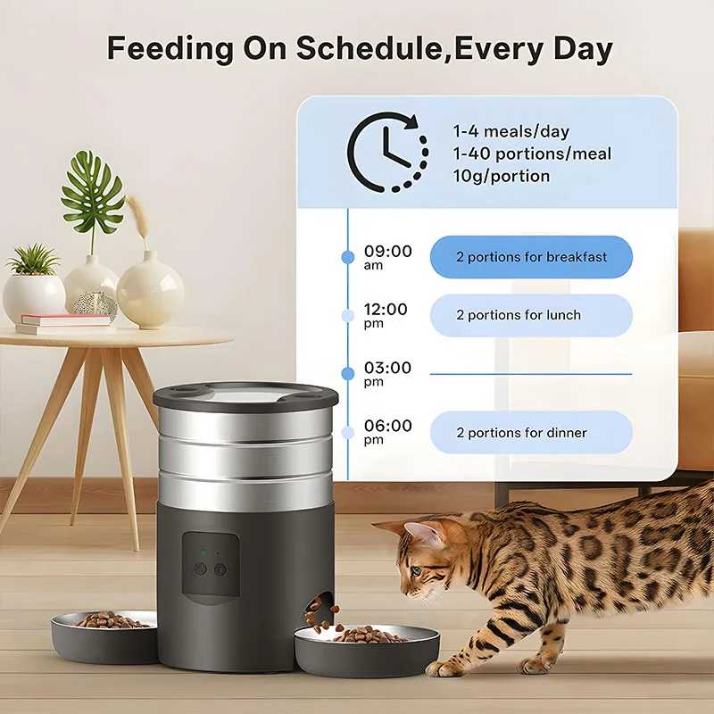 Removable 4.5L Push-button / WiFi Automatic Cat and Dog Smart Feeder Includes Two Stainless Steel Bowls Charging / Battery