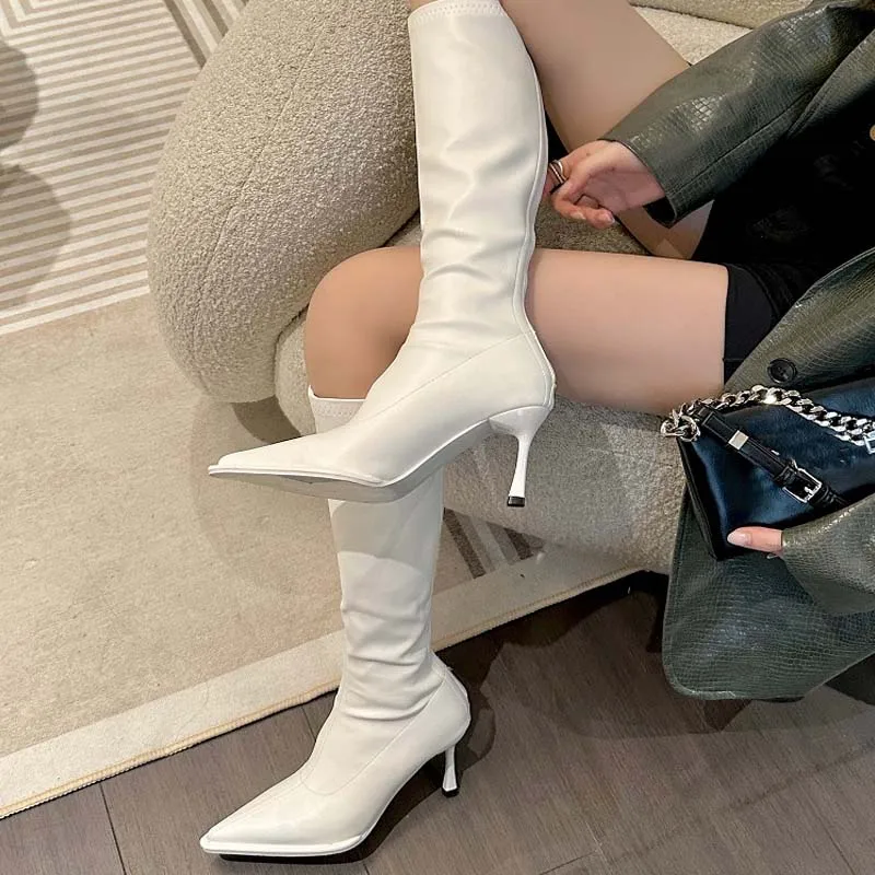 Eilyken 2025 Silver Pointed Toe Women Knee-High-Boots Sexy Zipper Thin High Heels Long Stretch Ladies Modern Footwear