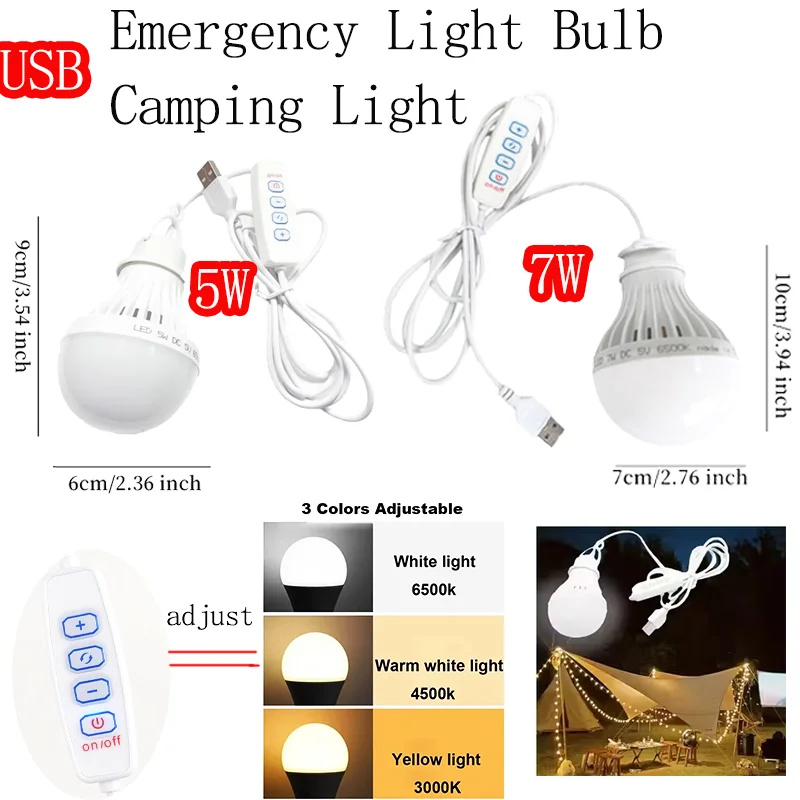 DC5V Led Camping Light 5W/7W Usb Emergency Bulb 3-color Dimmable Hanging Tent Light Barbecue Fishing Repair Outdoor Equipment